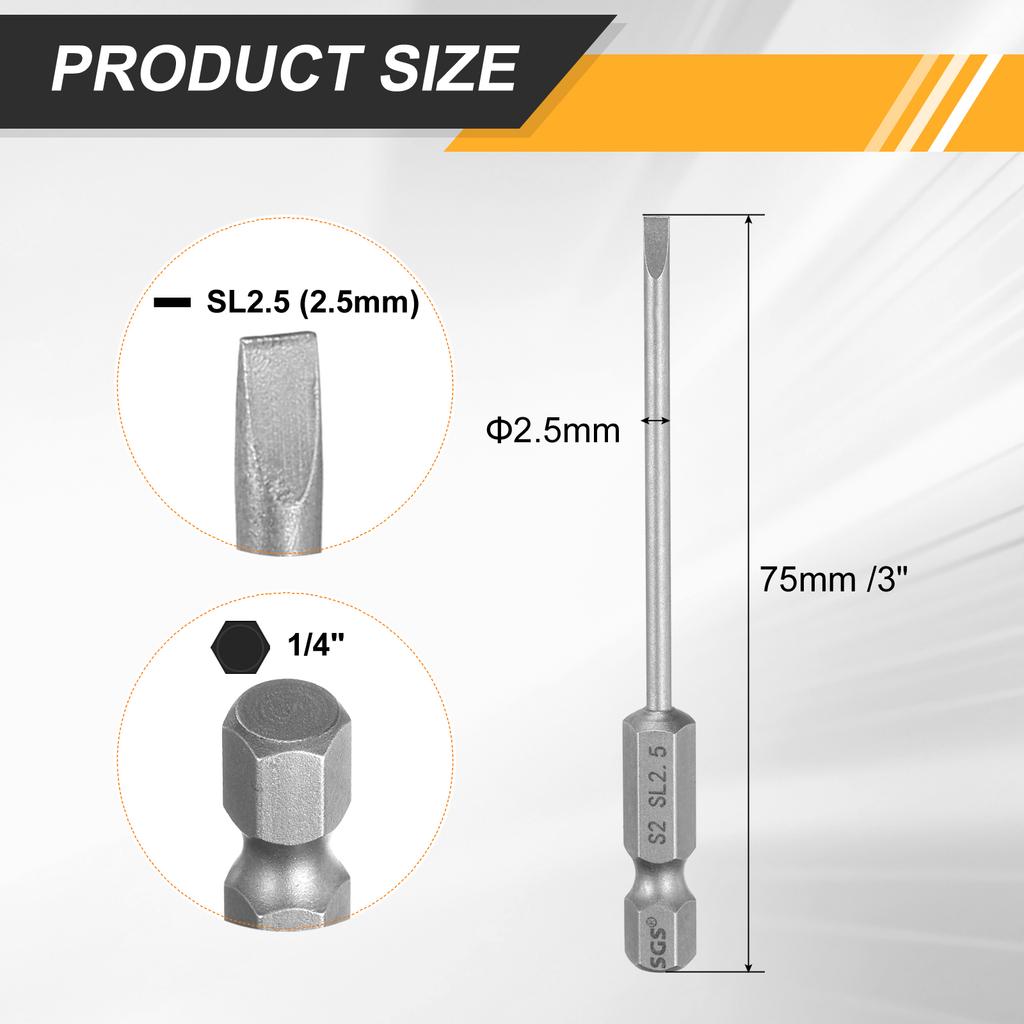 2/4/8pcs SL2/SL2.5/SL3/SL4/SL5/SL6 Slotted Screwdriver Bits 6mm Slotted Tip 1/4" Hex Shank 75mm (3") Long Magnetic Flat Head