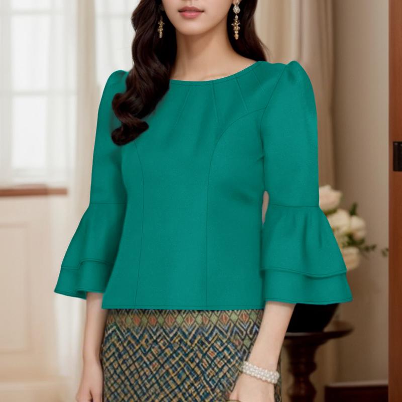 

ZANZEA Женская повседневная блузка с круглым вырезом, свободного кроя, с рукавами 3/4 и однотонным дизайном 5XL зелёный