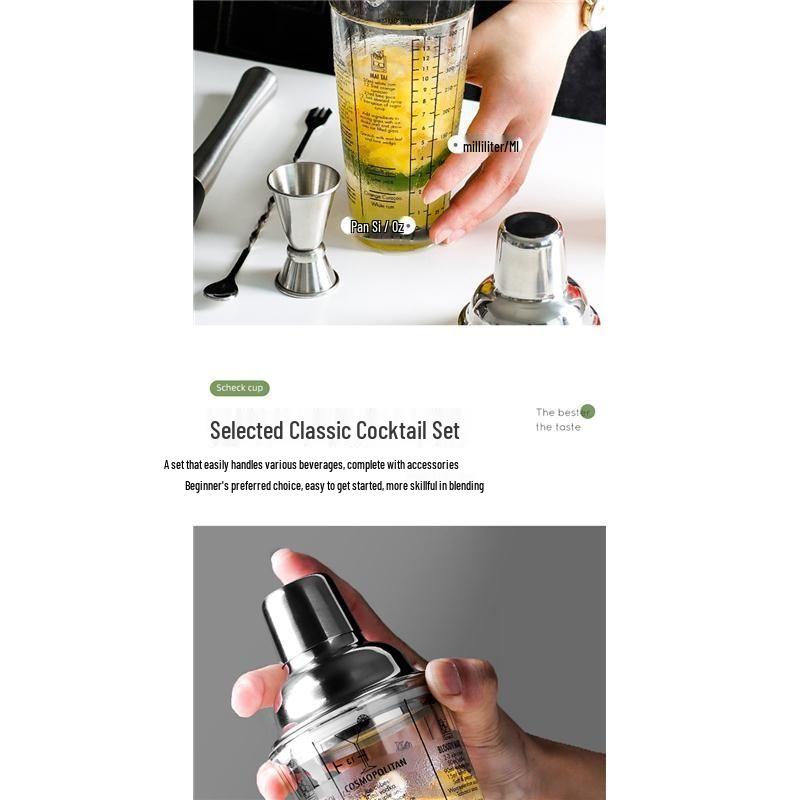 Glass Cocktail Shaker Set: Hand-Shaking Cup, Muddler, and 304 Stainless Steel Measuring Tools