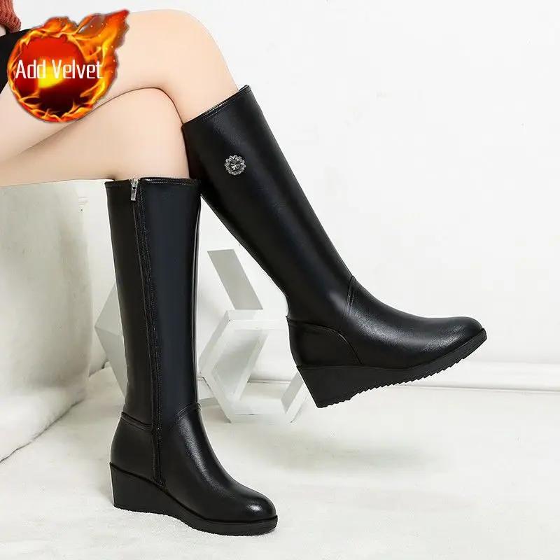 Fashion Wedge Heel Leather Rhinestone Ladies Knee High Shaft Shoes Waterproof Chic and Elegant Y2k Goth Work Gothic Women's Long Boots