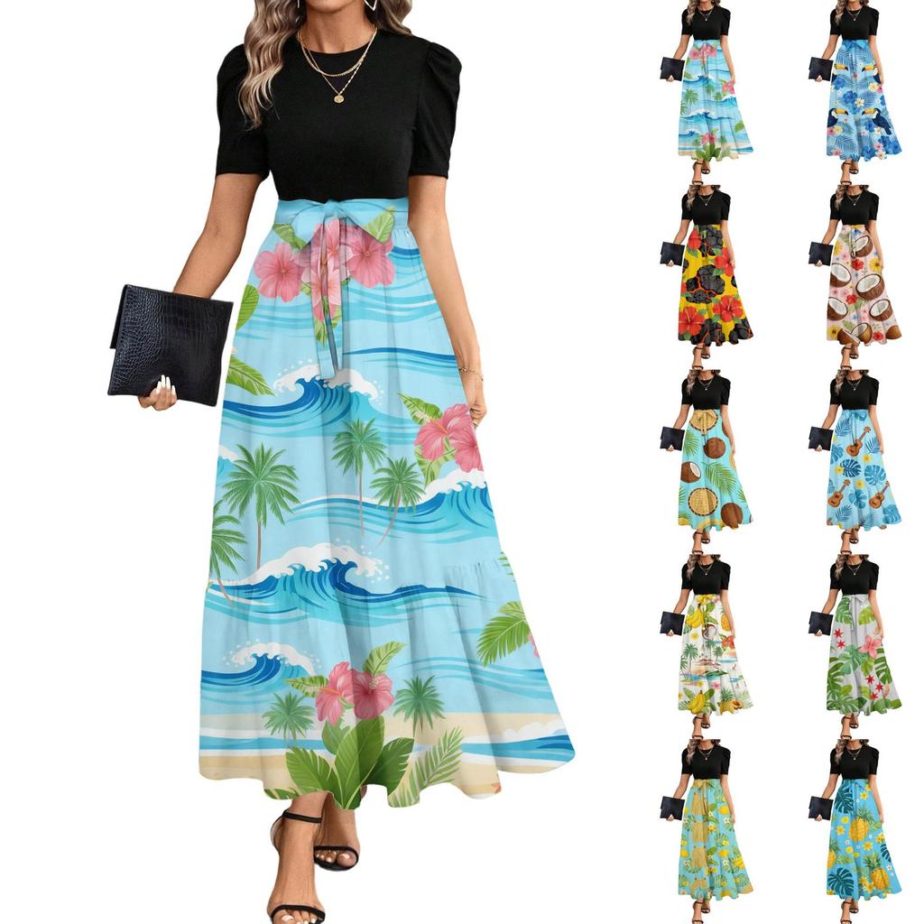 Short Sleeve Women's Dress Casual Flowy A-Line Midi Tshirt Dresses With Pockets Crewneck Vocation Boho Beach Sundress