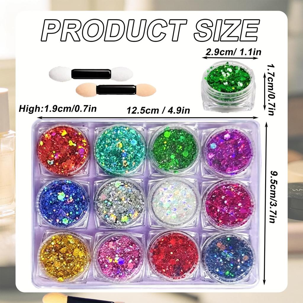 14 PCS Set Glitter Eyeshadow Palette with 12 Glitter Shades and 2 Brushes, Eyeshadow Set for Festival and Party Makeup, Waterproof Formula for Lo