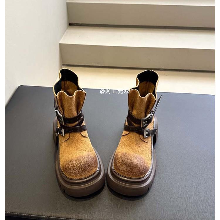 Coarse Heel Platform Short Boots Women's 2025 New Autumn and Winter Small High Heel Cow Anti-velvet Retro Belt Buckle Martin Boots