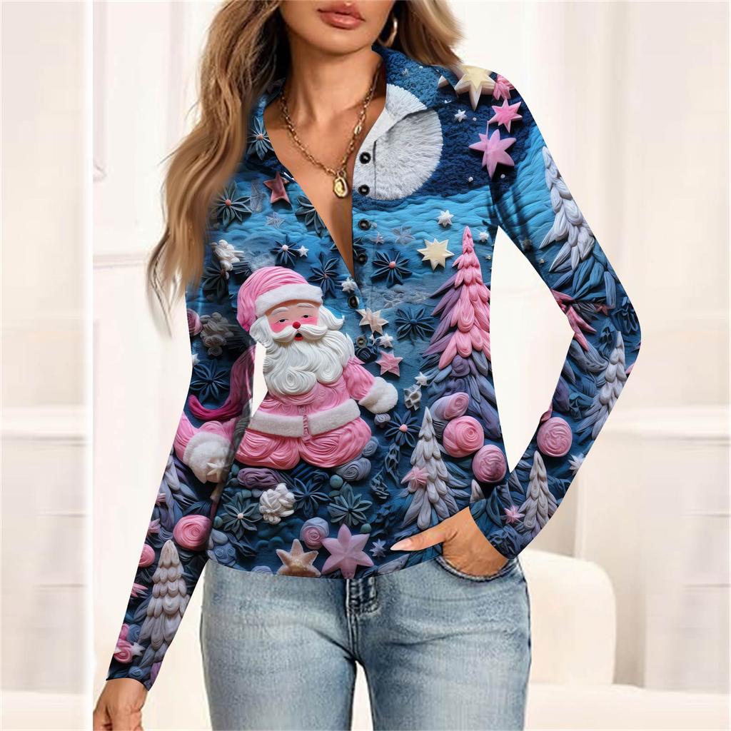 Damenmode Lässig Bedrucktes V-Ausschnitt Langarm Knopfleiste Oberteil