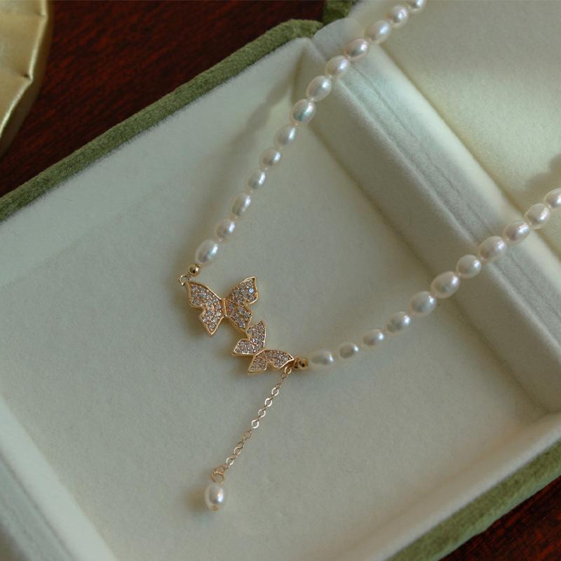 

Fashionable Butterfly Pendant Necklace Zircon Exquisite Pearl Clavicle Chain Necklace For Women Wedding Party Jewelry Gifts золотистый
