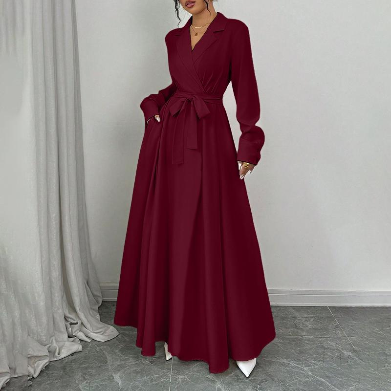 ZANZEA Damen Revers Elegant Langarm Lässig A-Linie Langes Kleid