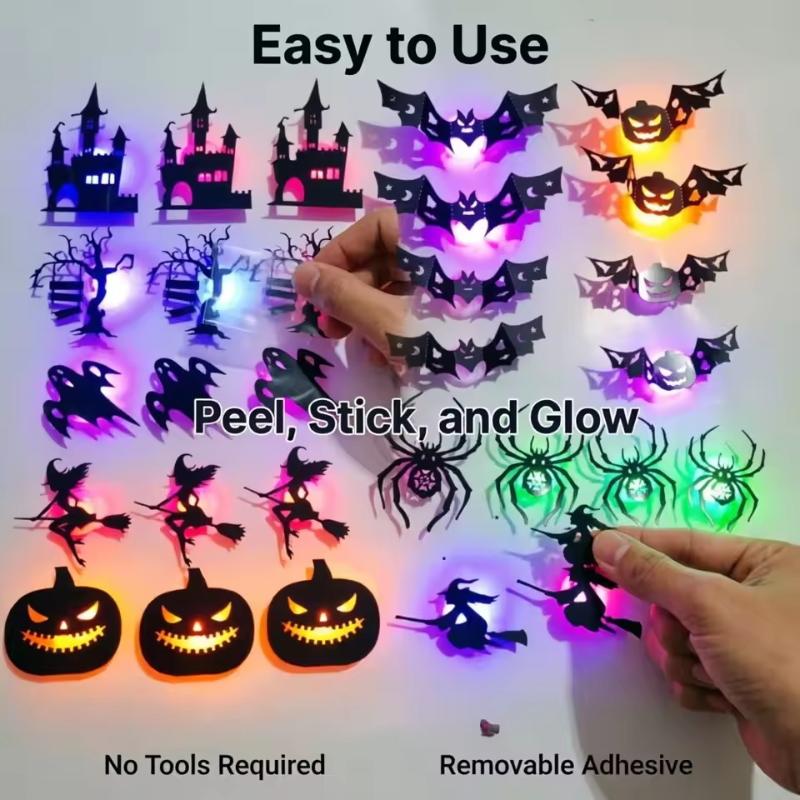 8/30Pcs/Set Led Halloween Wall Sticker 3D Hollow Night Light Bat Pumpkin, Spider Witch Castle Ghost Party Wall Decoration