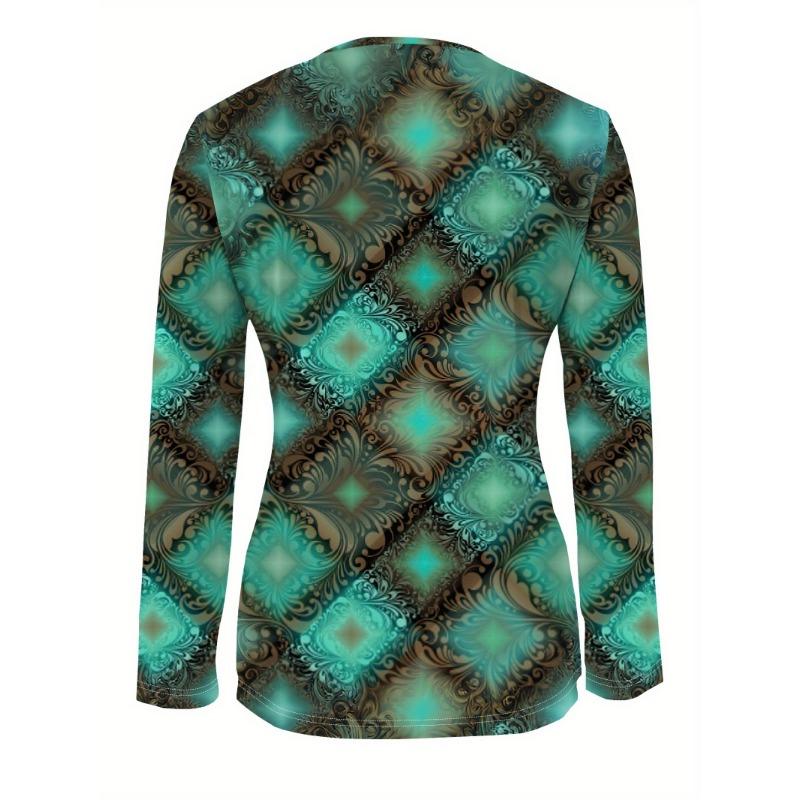 European and American Style Retro Totem Printed Zippered V-neck Long-sleeved T-shirt, Slim and Versatile Top, Niche Design for Women