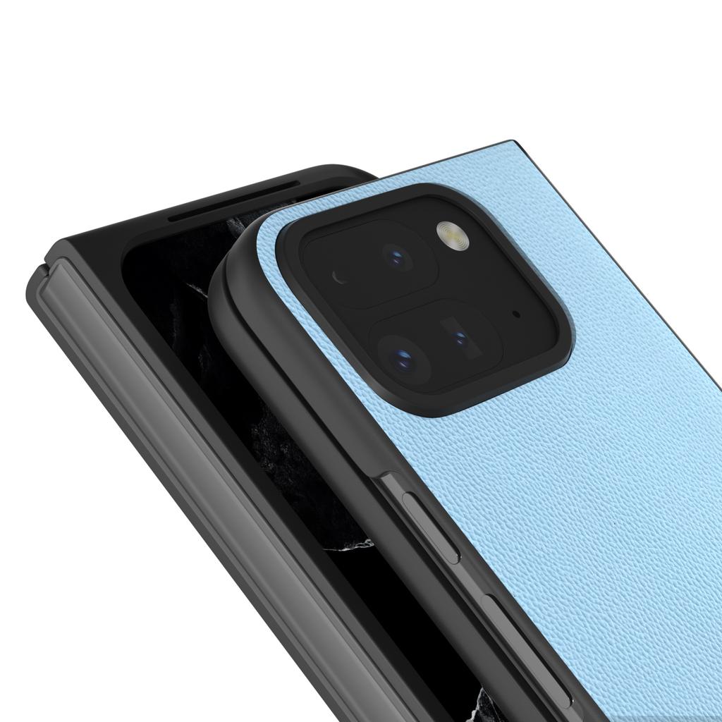 ABEEL For Google Pixel Fold 2 Case Genuine Cow Leather PC Phone Cover Black Edge
