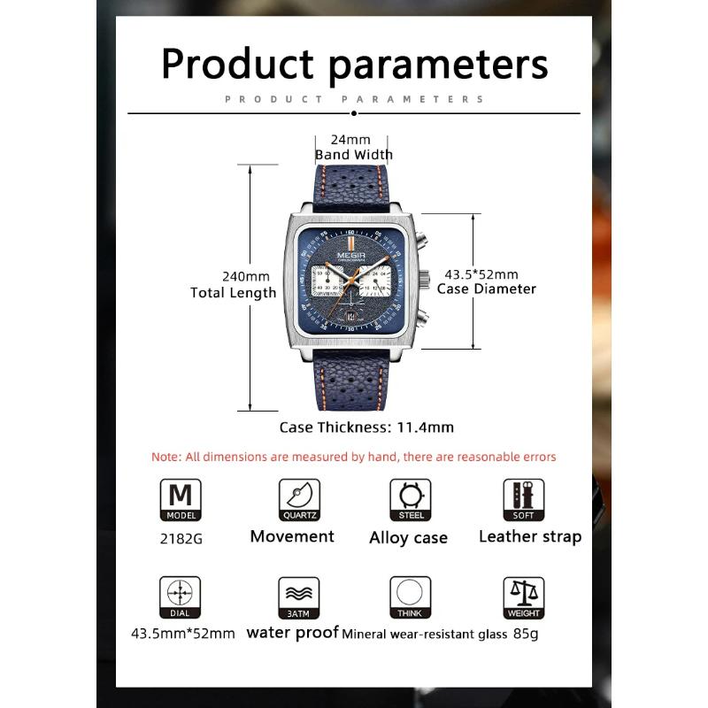 Megir Blue Black Square Dial Men's Casual Leather Strap Date Waterproof Night Light Retro Design Men's Quartz Clock Reloj