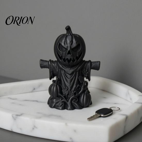 Small Resin Tabletop Decoration 3D Printed Pumpkin Scarecrow Figurine, Matte Black Halloween Handcrafted Carved Decor for Shelf Window Office, Spooky