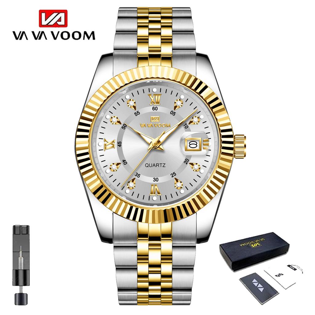 VA VA VOOM Herren Luxus Quarz Uhr Business Edelstahl Uhr mit Tag und Datum Anzeige Lässige Wasserdichte Uhren mit Werkzeug und Etui
