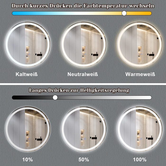 Miroir salle de bain - NETTLIFE - LED rond 70 cm - Dimmable 3000-6500K - Interrupteur tactile - Antibuée IP44