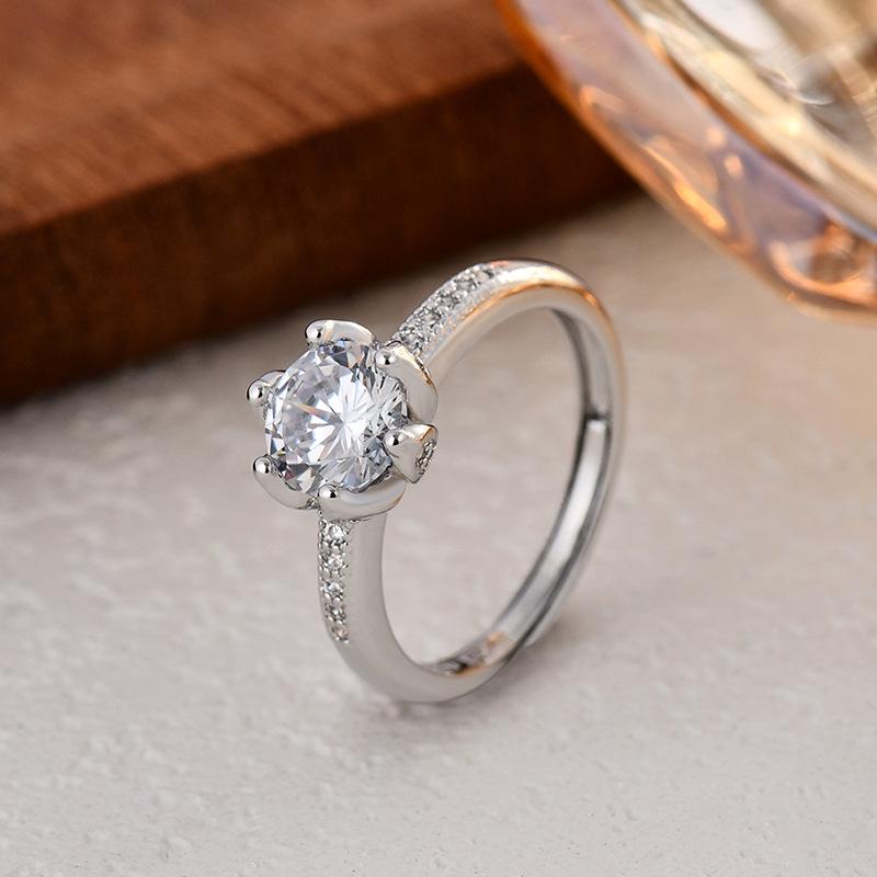 Elegant S925 Sterling Silver Six-Prong Simulated Moissanite Ring with Zircon for Women