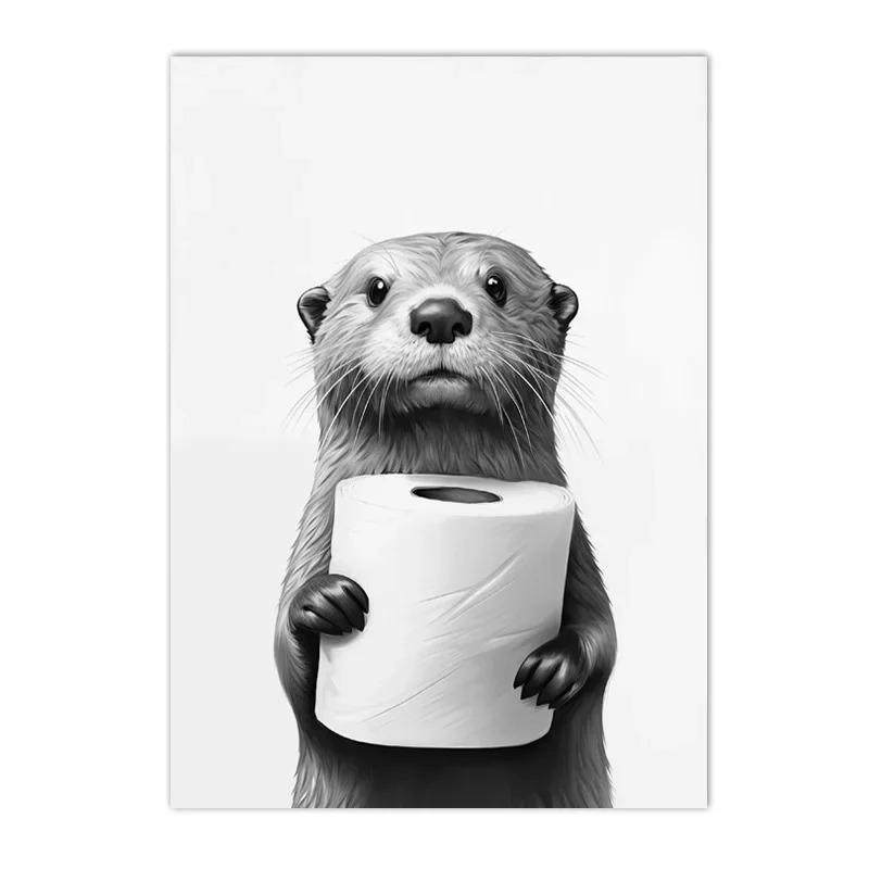 Black and White Otter Squirrel Canvas Painting Poster Prints Nordic Wall Art Home Decor Bathroom Animal Art