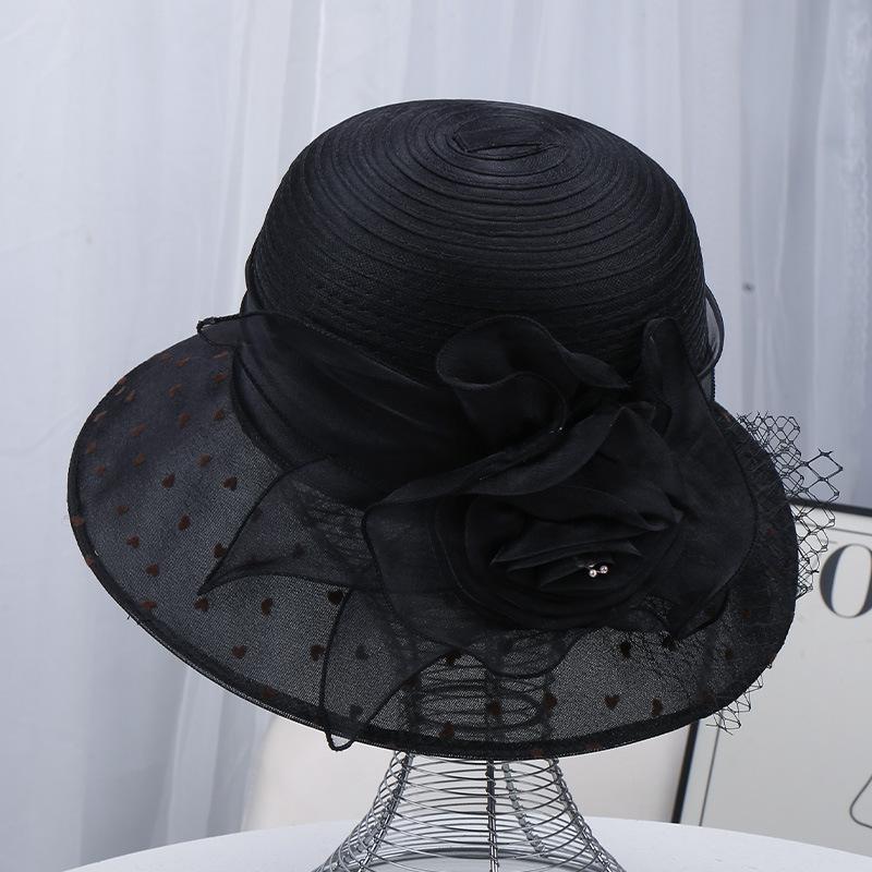 Elegant Mesh Polka Dot Sun Hat with Three-Dimensional Flower Decoration Retro Hepburn Style Breathable Large Brim Party Hat