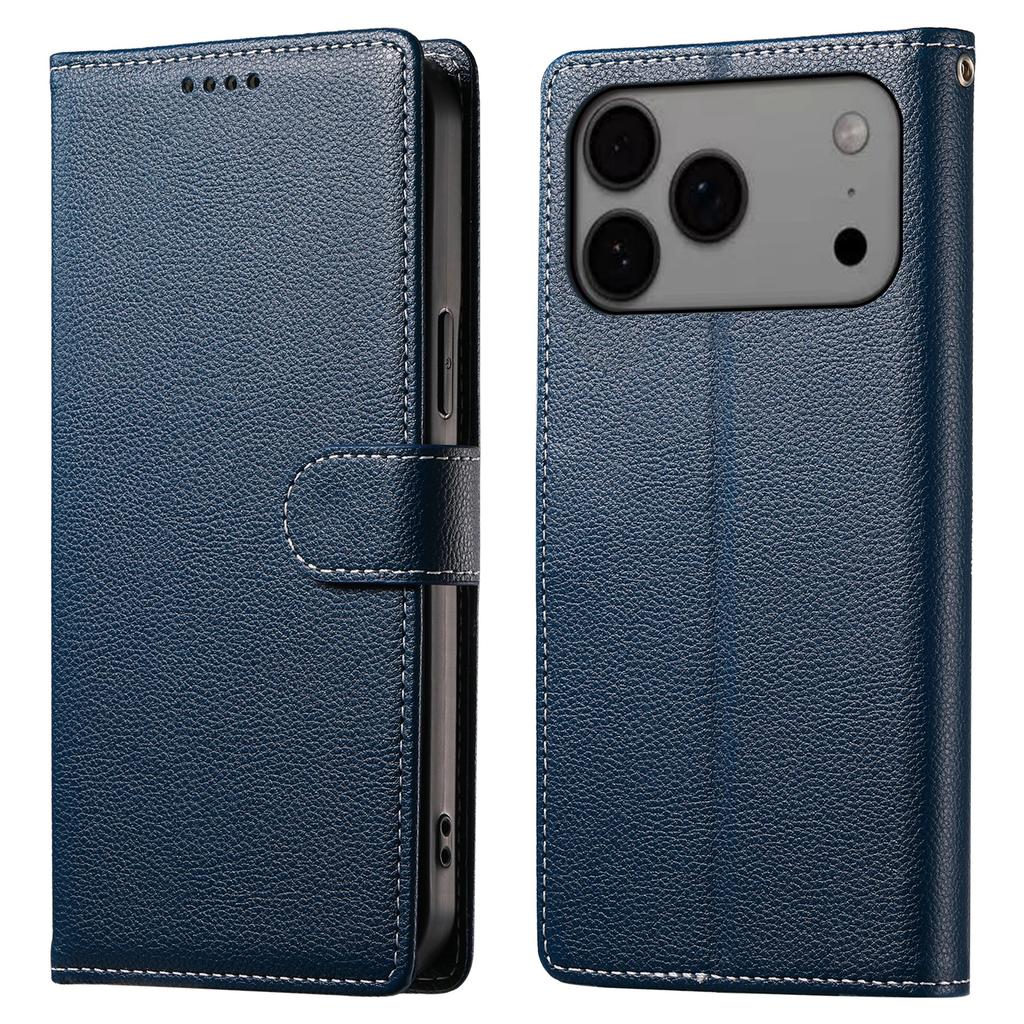 For iPhone 17 Pro Max Case Magnetic Snap Litchi Texture Leather Wallet Phone Cover with Wrist Strap