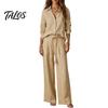 Long Sleeve Shirt Set Women Loose Casual Pants Set, Button Down Collar & Wide Fit Leg Pants, Solid Color Matching Two Piece Outfits for Fall