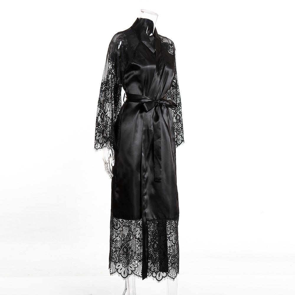 Plus Size European & American Lace Trim Long Robe Nightgown Lingerie