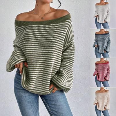 Pulover de damă cu umăr gol, supradimensionat, cu mâneci lungi, tricotat, pulover, top cu croială lejeră, imprimeu în dungi, moale, elastic, topuri tricotate