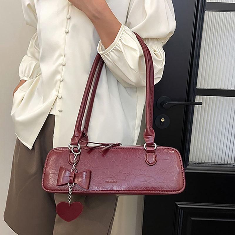 

Versatile women s PU leather arc bags red one shoulder bag monochromatic with zipper fashionable women s bags new
