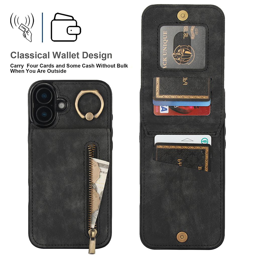 For iPhone 16 Plus Case RFID Blocking Ring Kickstand Retro Leather+TPU Anti-Fall Phone Cover