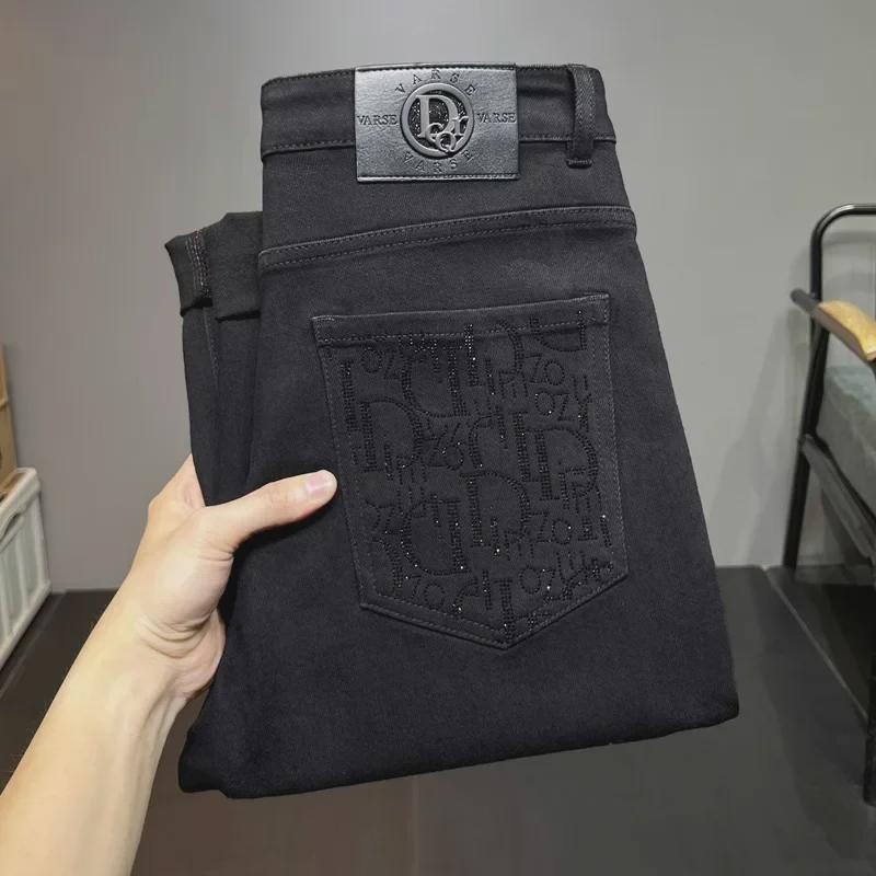 

Spring & Autumn 2024 Men s Black Slim Straight Jeans with Elastic and Hot Diamond Accents 38 чёрный