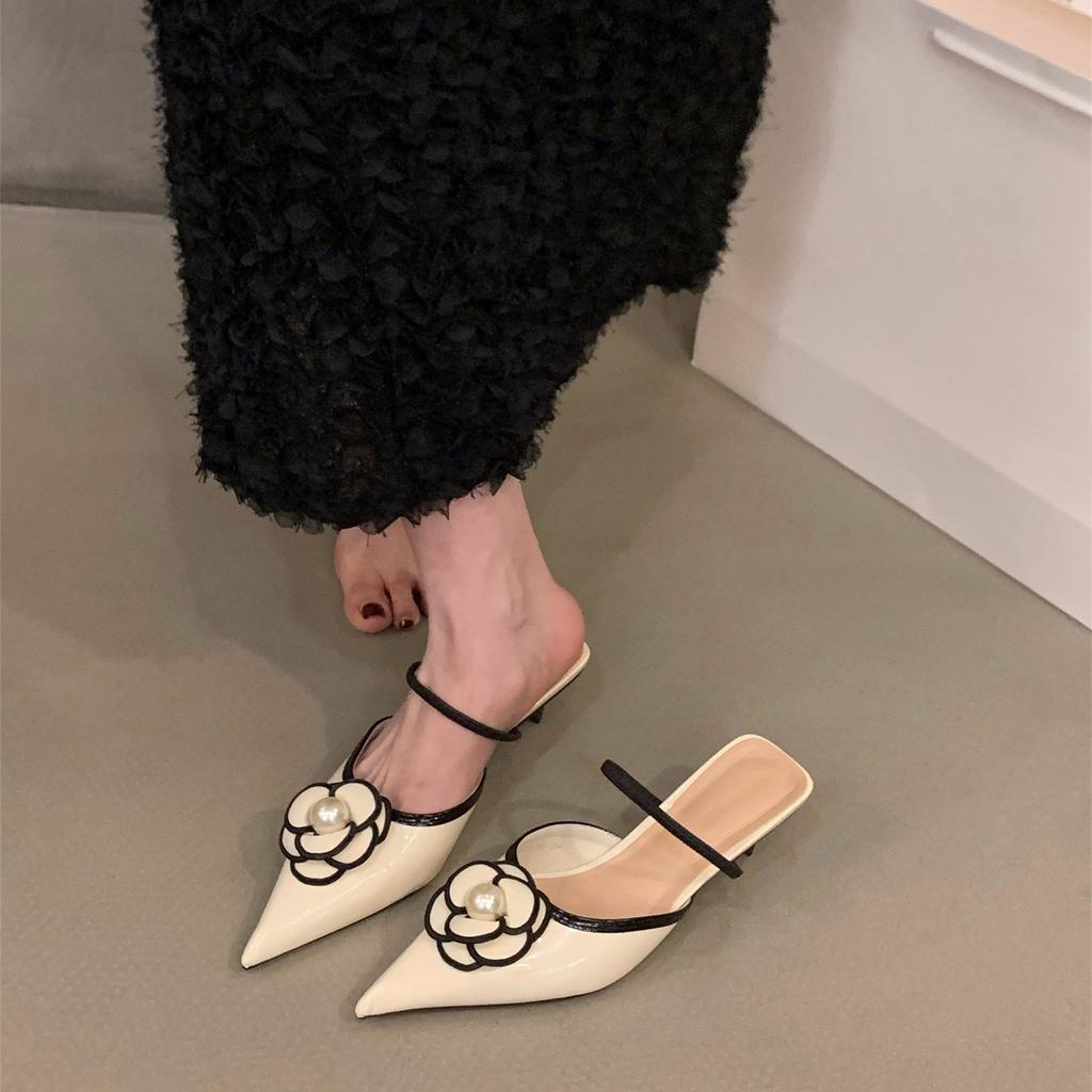 French small high-heeled retro bag head half slippers women's shoes 2025 new summer wear small fragrant wind half tray single shoes