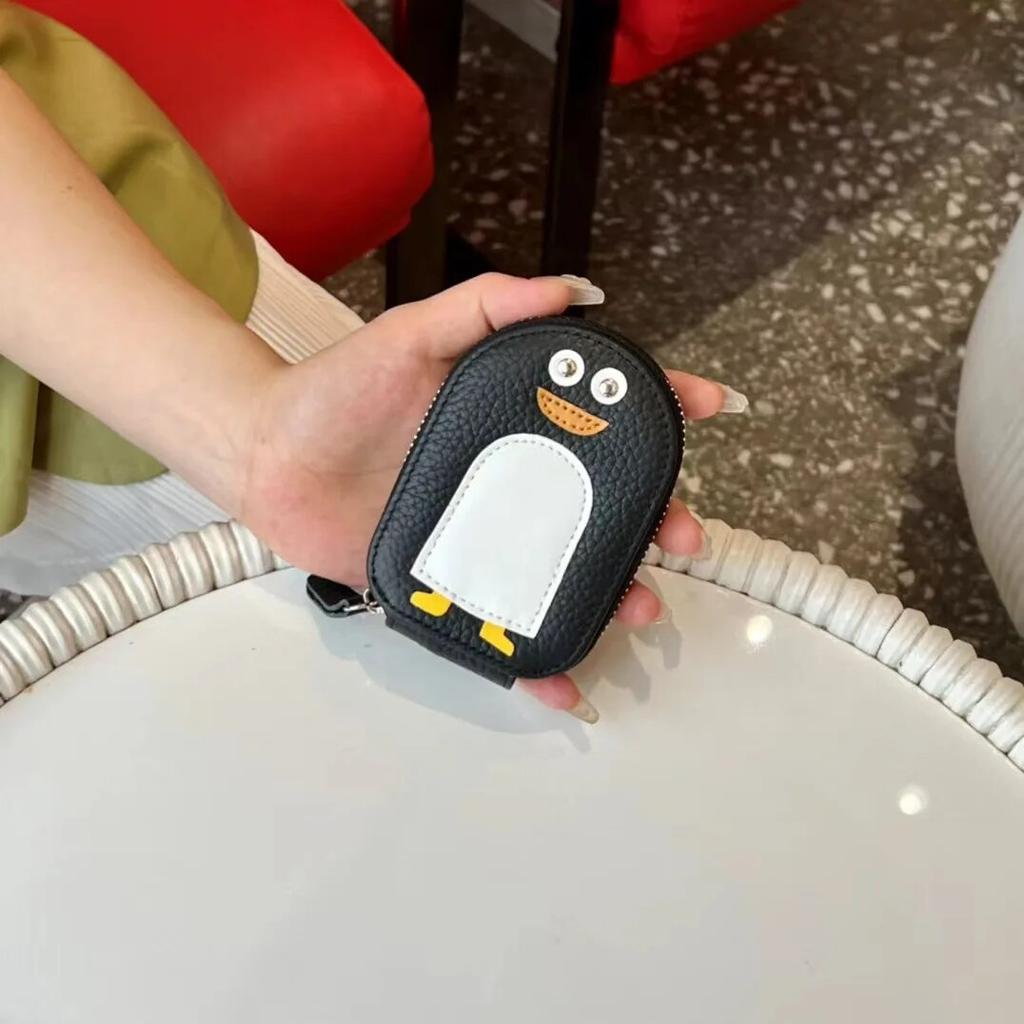 Small Penguin Shape Card Holder Coin Purse Cartoon Cute Genuine Cow Leather Zipper Purses Mini Wallet