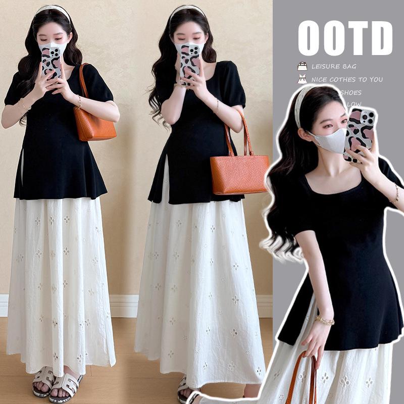 Square Neck Maternity Knit Top & Apricot Skirt Set with Pig Nose Button 2XL