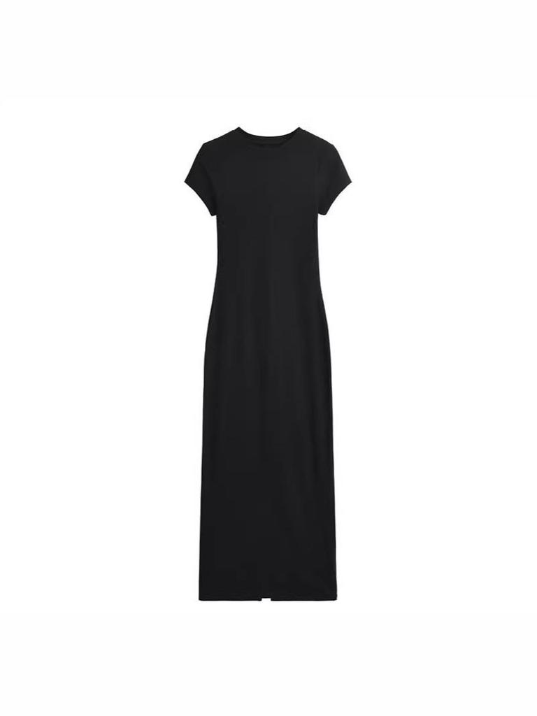 Sleek Back Slit Short Sleeve Round Neck Bodycon Dress - Women's Pure Desire Style