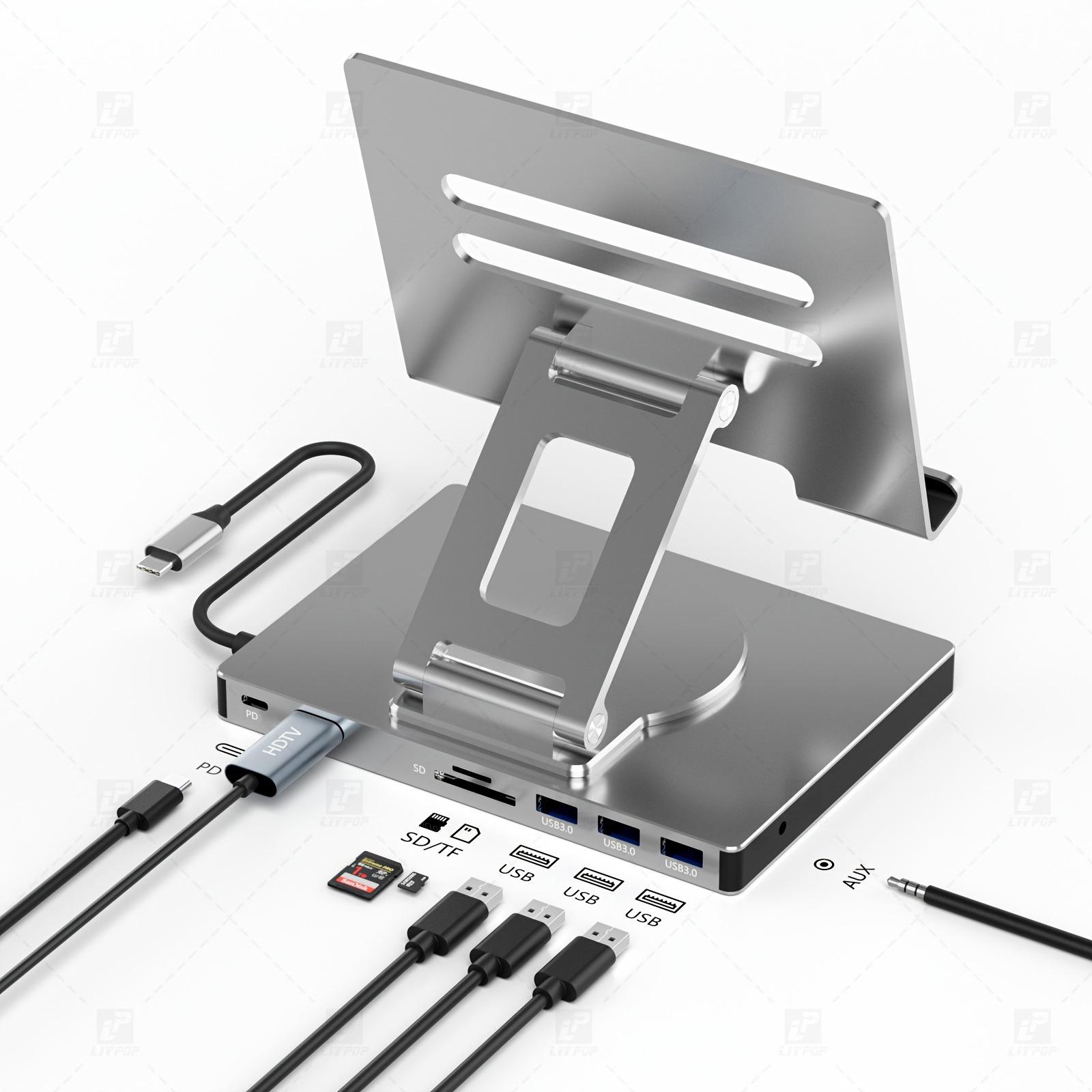 

Tablet Expansion Dock with HDMI, Gigabit Ethernet, USB 3.0, Rotating, Folding Stand, and Converter.