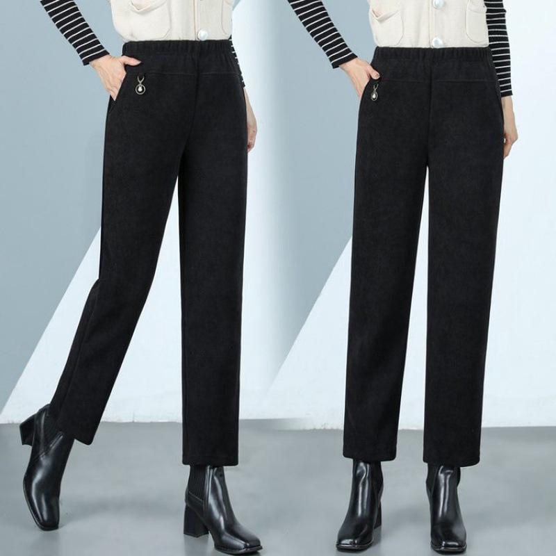 High-Waisted Corduroy Mom Pants with Velvet, Plus Size, for Middle-Aged & Elderly Women, Loose Straight-Leg Cropped Fit