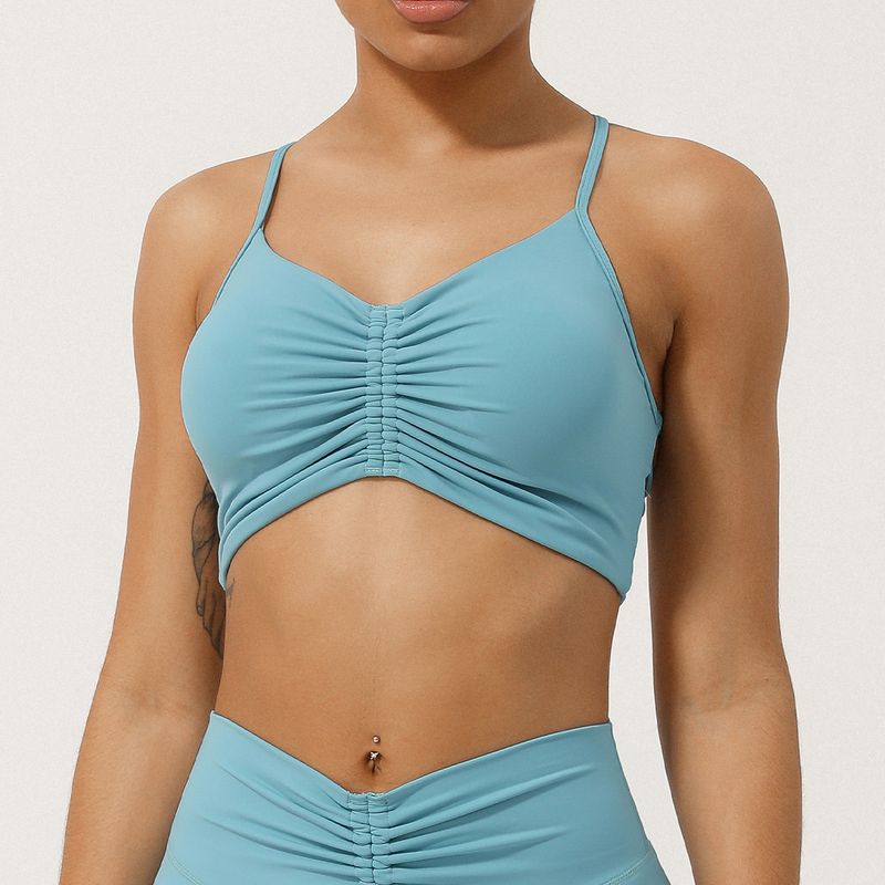 Cross-Border Summer New Wrinkle Yoga Bra Thin Strap Crossing Beauty Back Exercise Underwear Shockproof Push-up Workout Bra