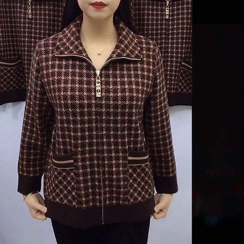 Fashion Small Grid Short Jacket Winter Long Sleeve Middle-aged Mother Zipper Coat Women Casual Plaid Outwear Tops