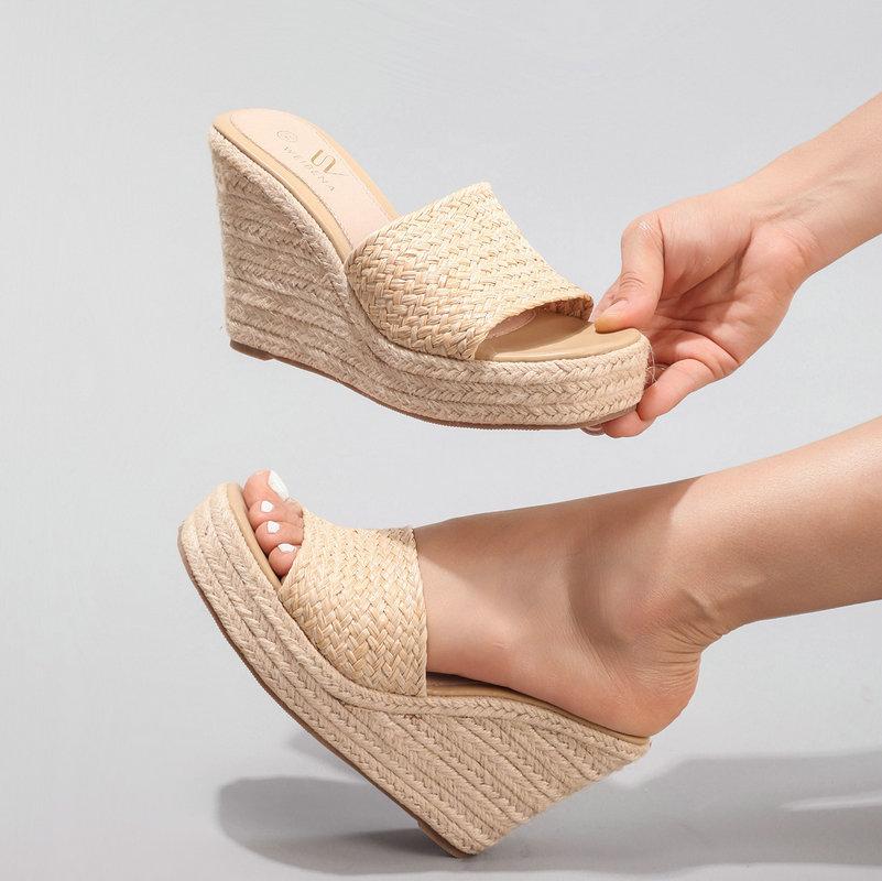 Fashion Women'S Hemp Rope Wedge Heel Thick-Soled Sandals, Woven Straw Rope One-Strap Summer Waterproof Platform High Heels