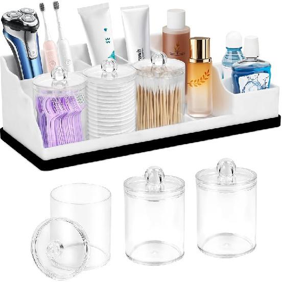 Bathroom Counter Organizer, White Silicone Toothbrush Holders for Bathrooms Organizer Countertop with 3PCS Qtip Holder, Toothbrush and Toothpaste White Black With 3pcs Cle