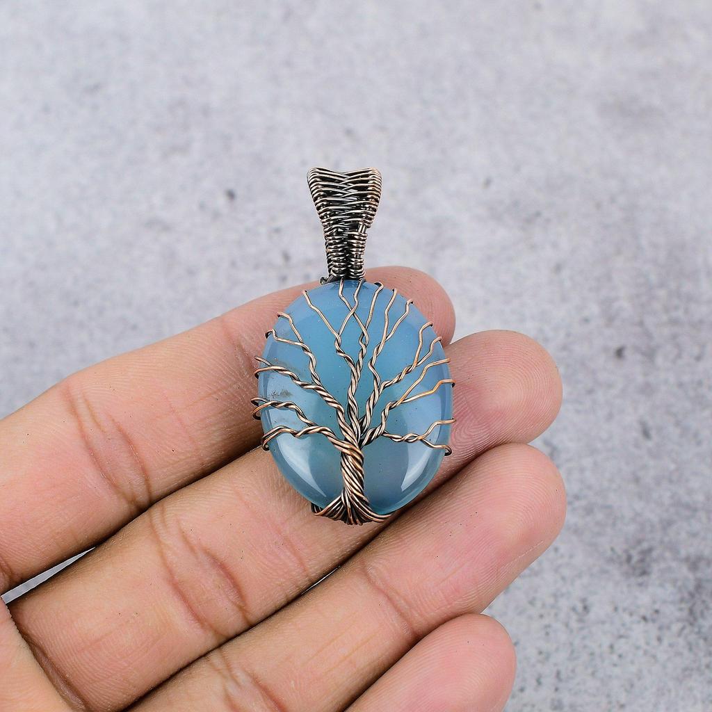 Blue Chalcedony 999 Copper Wire Wrapped Pendant, Handmade Gemstone Pendant Jewelry, Gifts For Wife Brand New Pendant