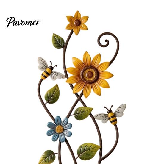 Weather Resistant Outdoor Sign Sunflower Bee Wall Art Decor, 2D Flat Floral Hanging, Country Garden Pastoral Style Hanging Flower Ornament for
