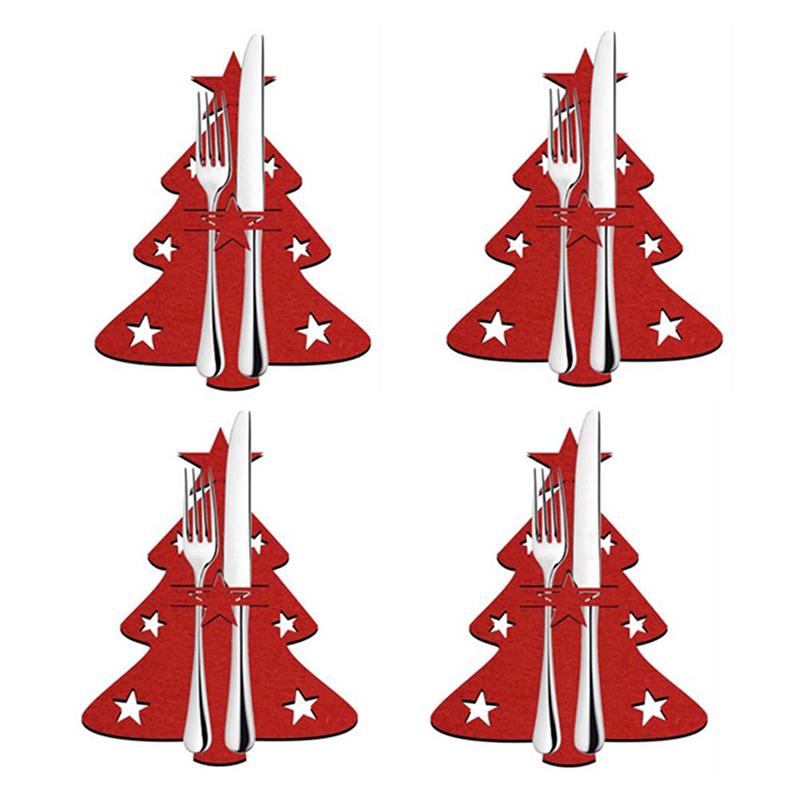 

4Pcs Christmas Cutlery Holder Knife and Fork Pocket Bag Cutlery Cover Star Tree Elk New Year Christmas Party Dinner Table Decor