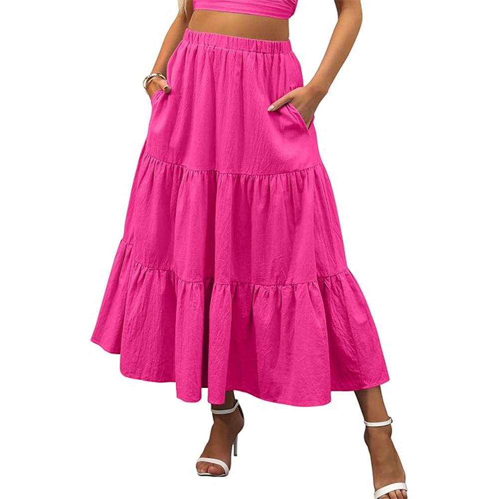 Women’s Summer Boho Flowy Swing Tiered A-Line Maxi Skirt 2025 Fashion Trendy Elastic Waist Pleated Long Beach Dress