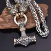 Viking Style Wolf Head Hammer Pendant Necklace With Runes For Men