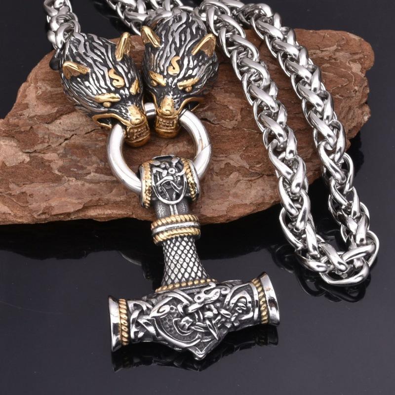 Viking Wolf Head Hammer Pendant Necklace With Runes Mens Norse Jewelry Gift default