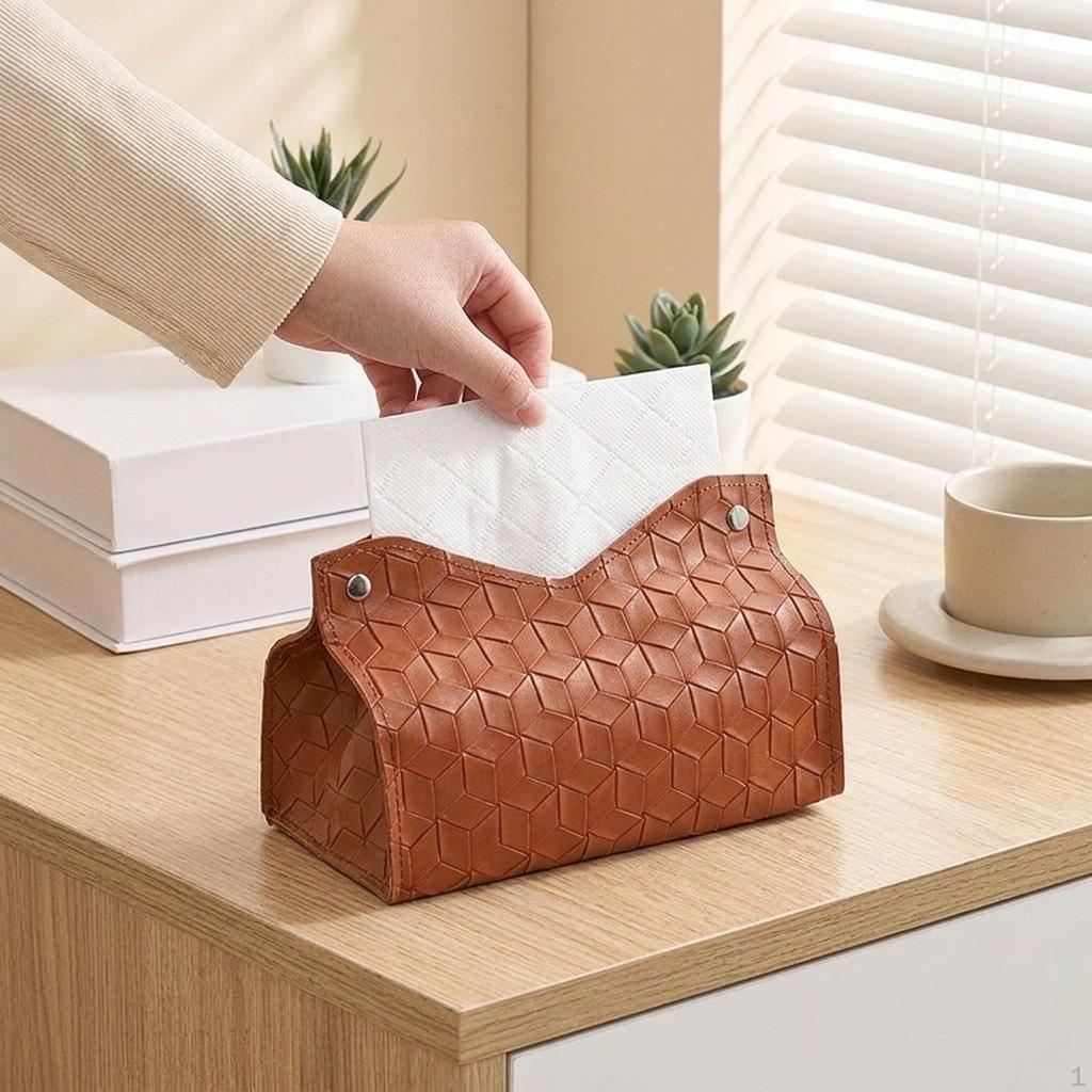 Tissue Box Cover Modern PU Leather Holder for Vanity Tabletop Bedroom Brown