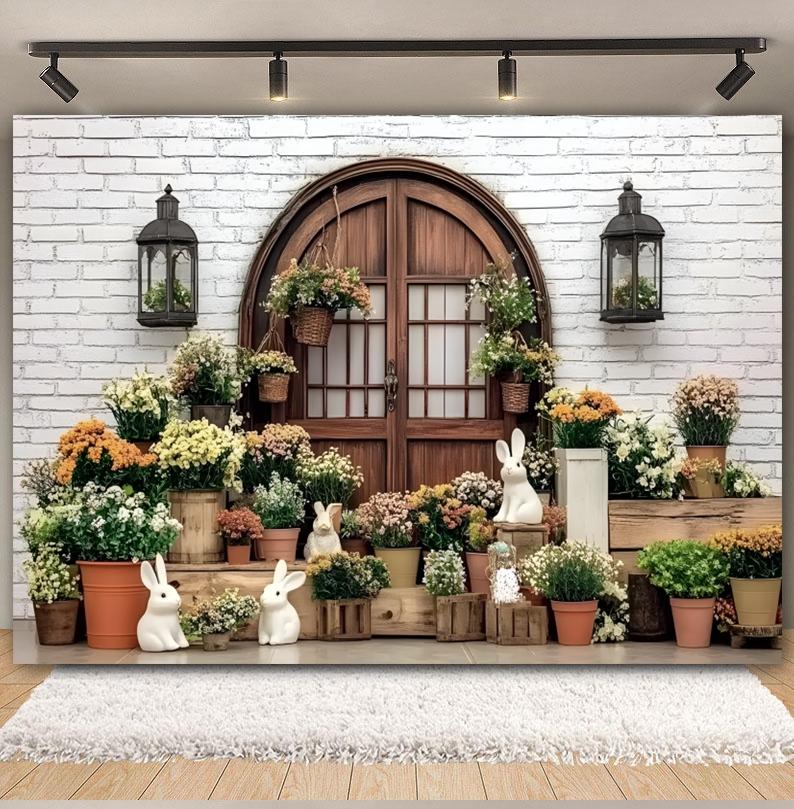 Easter white brick wall flower rabbit Easter egg shooting Backdrop spring flower wall children's birthday party banner Backdrop