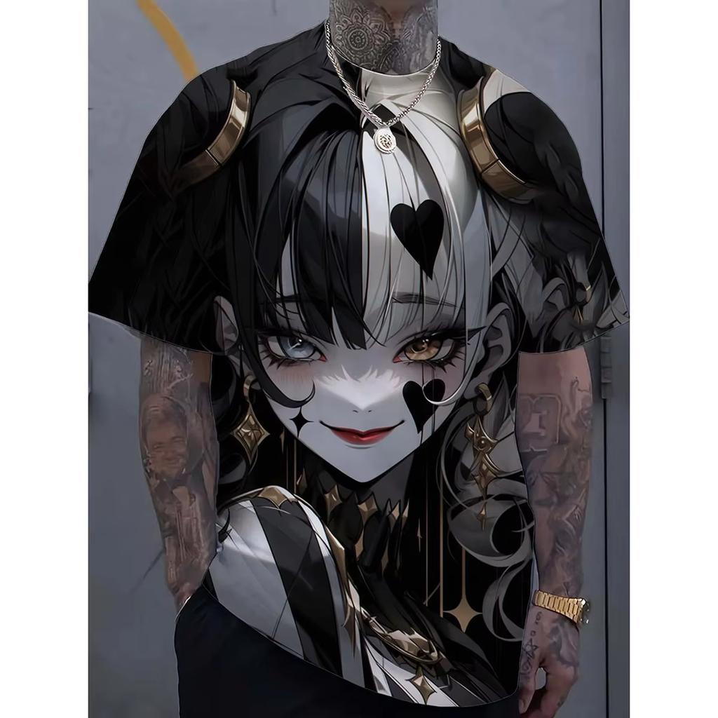 2026 Sommer Herren Harajuku Stil T-Shirt 3D Cartoon Tattoo Mädchen Druck Kurzärmelig Lässig Trendig Street Herren Oberteil