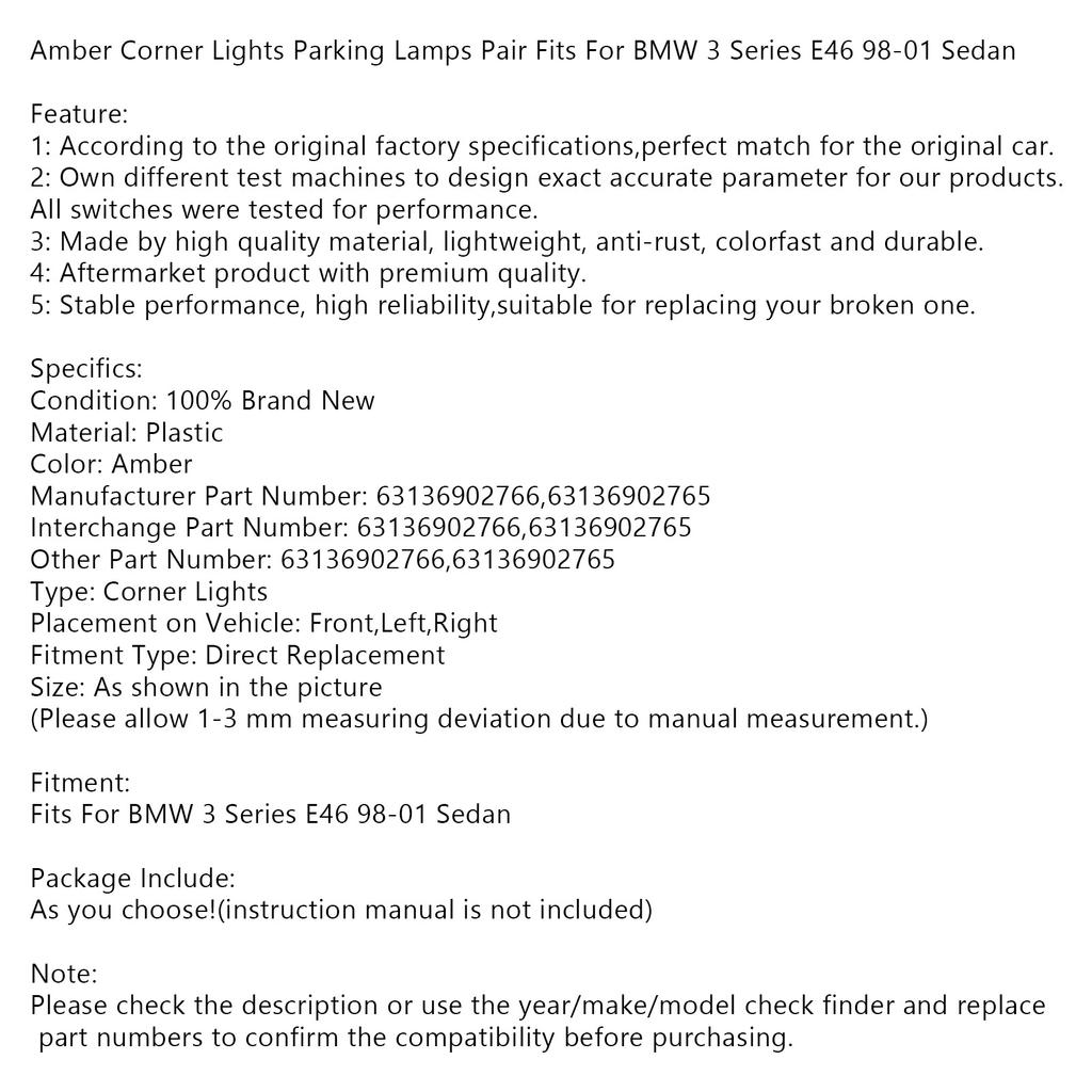 Pair Amber Corner Side Light For BMW 3 Series E46 98-01 Sedan 63136902766