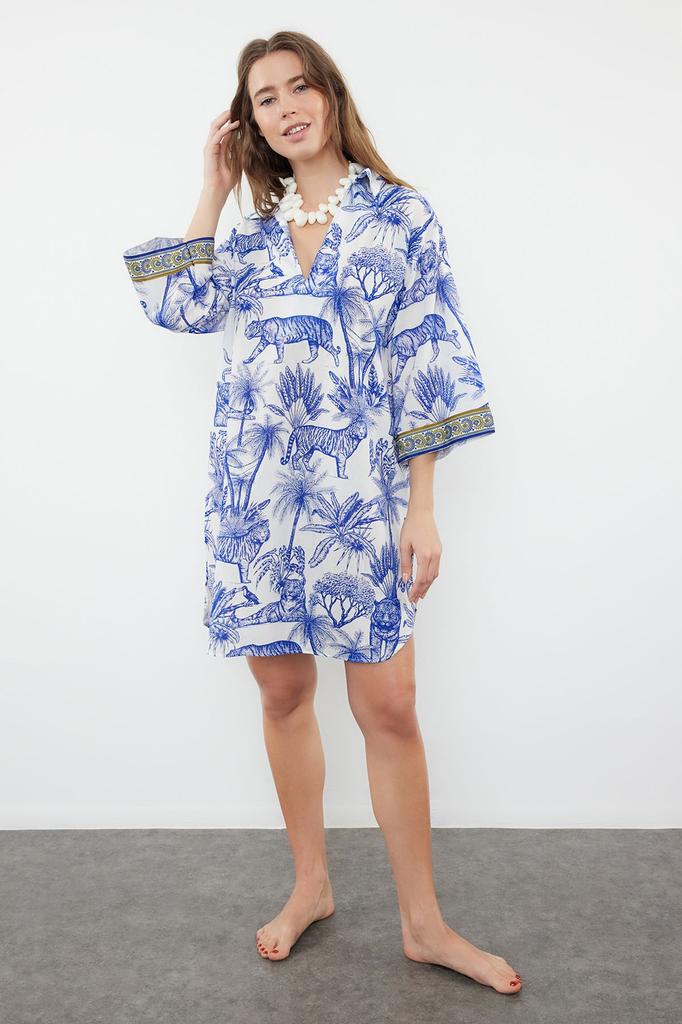 Women's Style Dress Tropical Patterned Wide Fit Midi Woven 100% Cotton Beach Dress