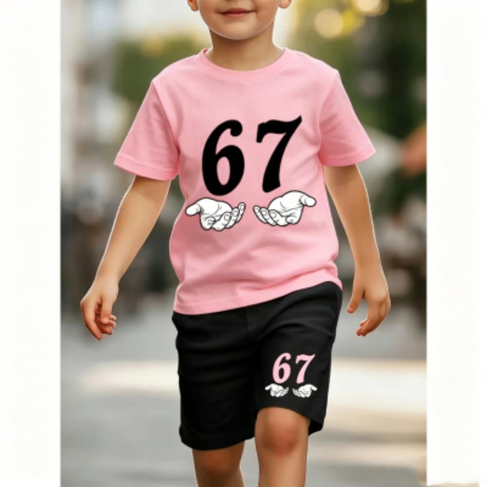 Fashion Funny 67 Palm Printed 11 Colors Kids T-shirt and Shorts 2 Piece Set Summer Home Outdoor Casual Outfit for Boy and Girl's T-shirt Sports Set