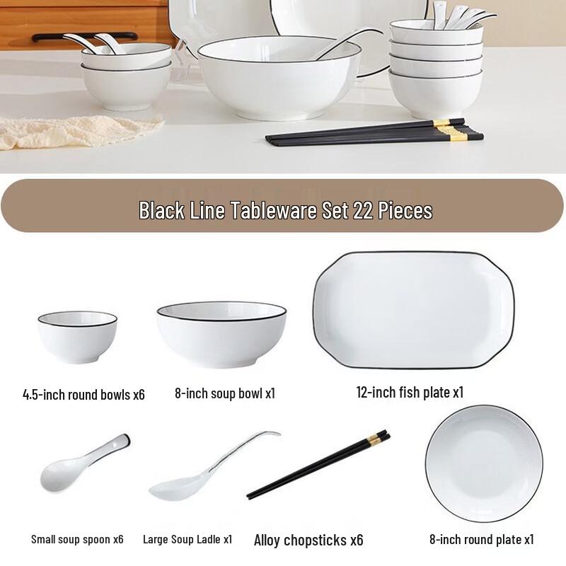 Ru Han Nordic Black Line 22-Piece Bone China Dinnerware Set